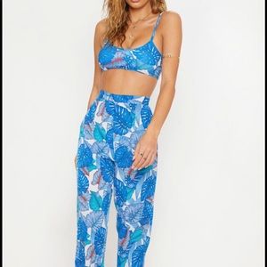 Blue palm print beach flares w/h matching swimsuit